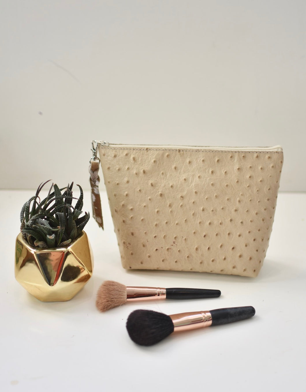 Tan Ostrich Makeup Bag