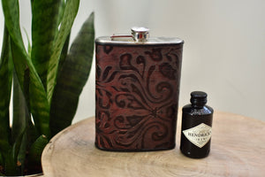 12oz Brown Stamped Leather Flask
