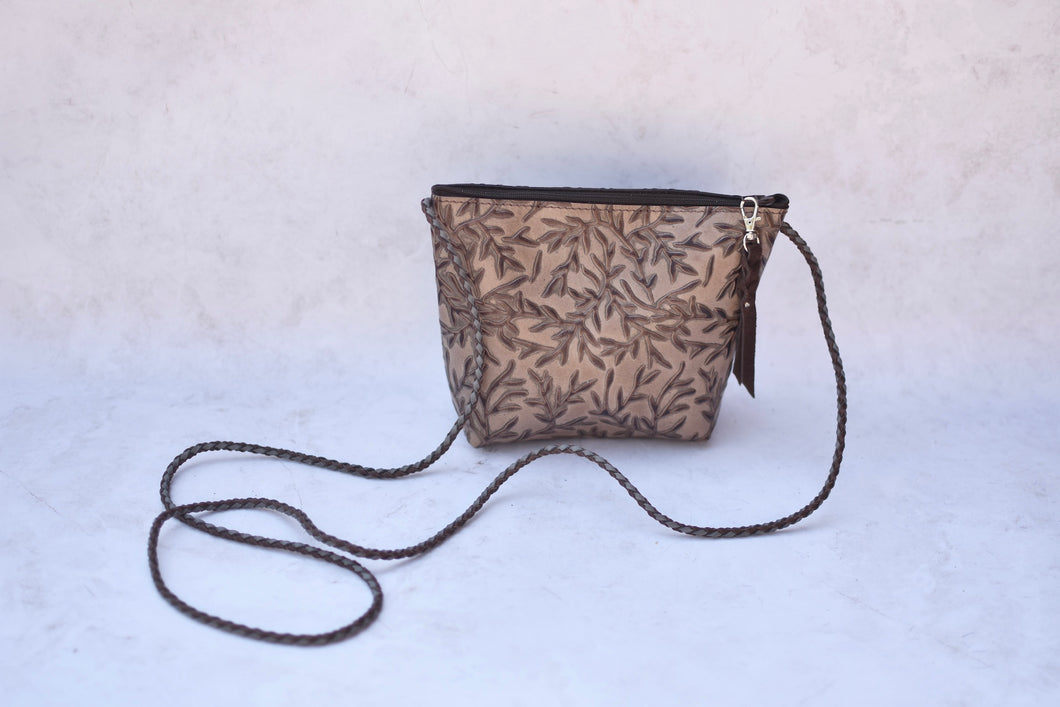 Brown and Grey Stamped Leather Crossbody Purse