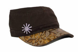 Military Style Hat - Genuine Cowhide with Concho and Rhinestone Embellishments