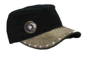 Military Style Hat - Genuine Cowhide with Concho and Rhinestone Embellishments